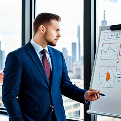A professional individual, fully clothed in a smart, modest business suit, stands in a bright, modern office with large windows overlooking a city skyline. They are deep in thought, holding a pen and looking at a whiteboard filled with interconnected ideas and diagrams, symbolizing problem-solving and flexible thinking. The light is soft and inviting. Perfect anatomy, correct proportions, natural pose, well-formed hands, proper finger count. Professional photography, high detail, sharp focus, vibrant colors, appropriate content, safe for work, family-friendly.