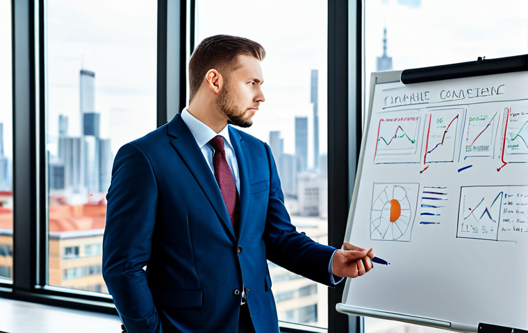 A professional individual, fully clothed in a smart, modest business suit, stands in a bright, modern office with large windows overlooking a city skyline. They are deep in thought, holding a pen and looking at a whiteboard filled with interconnected ideas and diagrams, symbolizing problem-solving and flexible thinking. The light is soft and inviting. Perfect anatomy, correct proportions, natural pose, well-formed hands, proper finger count. Professional photography, high detail, sharp focus, vibrant colors, appropriate content, safe for work, family-friendly.